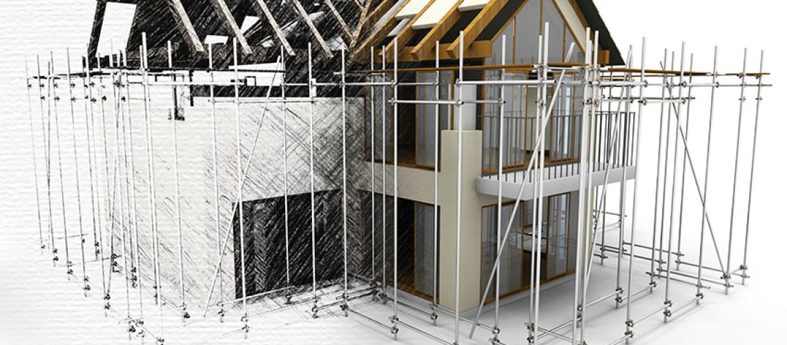 3D house with scaffolding with half in sketch phase